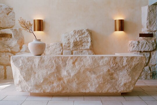 Boutique hotel lobby featuring a rough-hewn limestone reception desk with a decorative vase and wall-mounted lights illuminating the natural stone wall