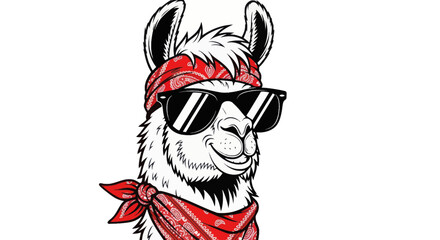 Cool llama wearing black sunglasses and a red patterned bandana © nisol