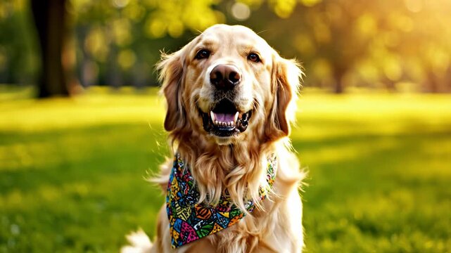 Golden retriever dog wearing a colorful patterned bandana sitting in a sunlit park at golden hour