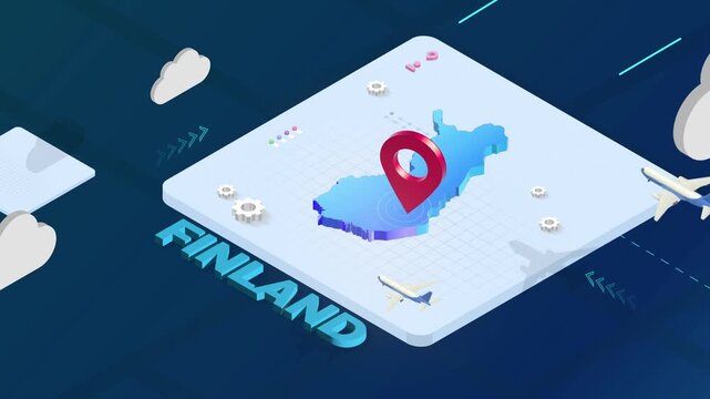Isometric 3D Render of Finland Map with Red Location Pin Pointer and Floating Airplanes