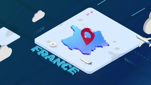 Isometric 3D Render of France Map with Red Location Pin Pointer and Floating Airplanes