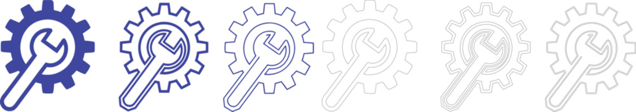 Collection of dark blue gear with wrenches, maintenance and repair symbols, technical support and settings on a white background