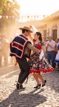 Young couple dancing cueca in traditional attire, celebrating chilean culture on a cobblestone street with a joyful audience
