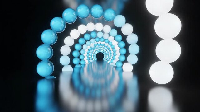 Translucent Spheres Spiraling Inwards in Infinite Tunnel of Glowing White and Cyan Abstract Geometric Animation