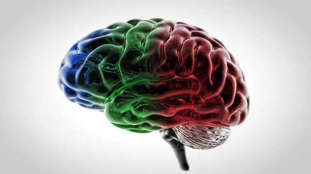 Rotating Transparent Anatomical Model of Human Brain with Faint Internal Structures and Illuminating Colored Lobes