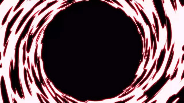 Spiral red energy transition animation, luminous light spiral winding and unwinding on black screen. red energy burst with glowing trails. abstract magic spell or sci fi VFX element for compositing