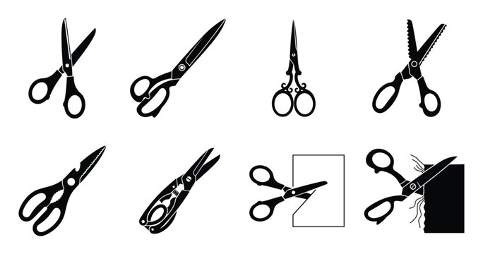 Collection of various scissors and cutting tools on transparent background.
