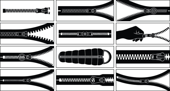 Assortment of zippers and sliding fasteners on checkered fabric background.