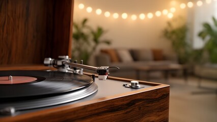 Obraz premium Vintage Record Player with Golden Bokeh and Copy Space