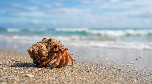 Hermit crab carrying shell on a sandy beach with ocean background