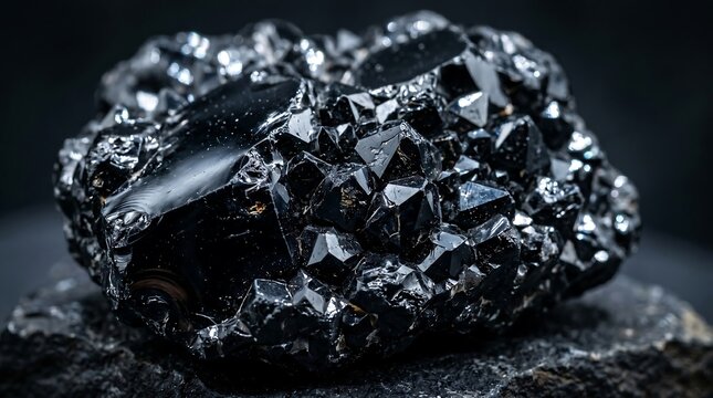 Black diamond crystal cluster, precious gemstone, mineral specimen, shiny metallic ore