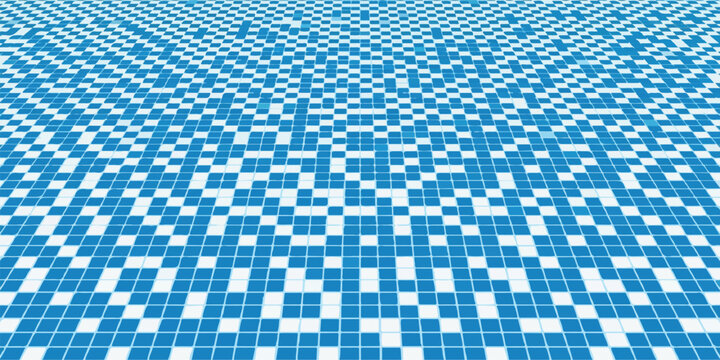 Abstract blue mosaic tile pattern, geometric square grid background with perspective, digital pixel art texture for swimming pool or bathroom design