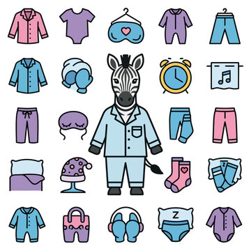 Cute cartoon zebra wearing pajamas with sleep icons