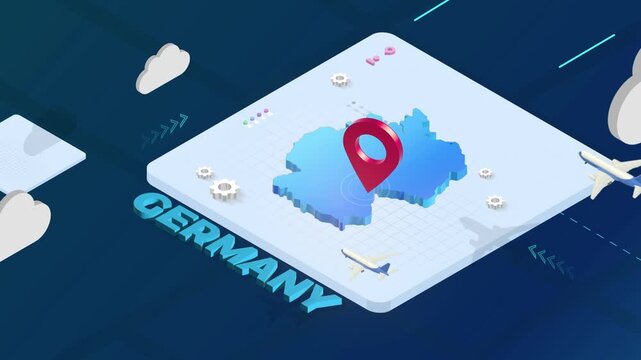 Isometric 3D Render of Germany Map with Red Location Pin Pointer and Floating Airplanes