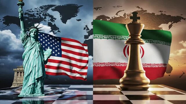 Usa vs iran geopolitical chess match: statue of liberty and king chess piece with national flags and map background
