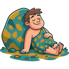 Naklejka premium A cartoon caveman sitting on ground smiling with big boulder behind him