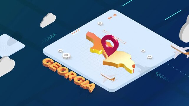 Isometric 3D Render of Georgia Map with Red Location Pin Pointer and Floating Airplanes