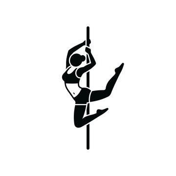 A black silhouette of a female pole dancer on white
