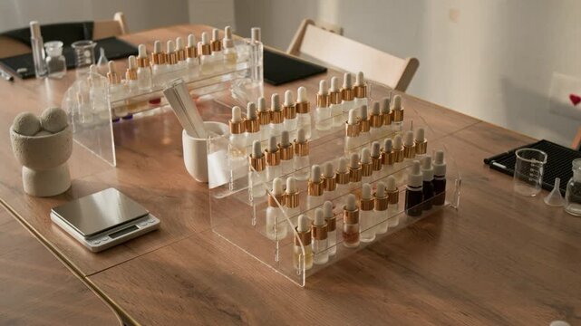 Perfume making ingredients and tools sitting on wooden table during masterclass workshop. Footage is ideal for promoting cosmetics formulation courses or artisanal fragrance branding