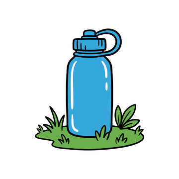 An illustration of a blue water bottle on green grass