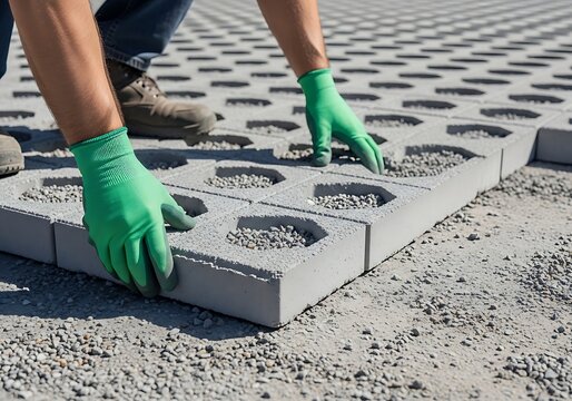 Construction worker installing permeable concrete pavers for driveway