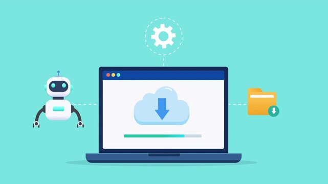 Modern flat vector animation featuring an AI assistant beside a laptop displaying a file download interface. Ideal for document management, file transfer, cloud storage, data access, and automation co