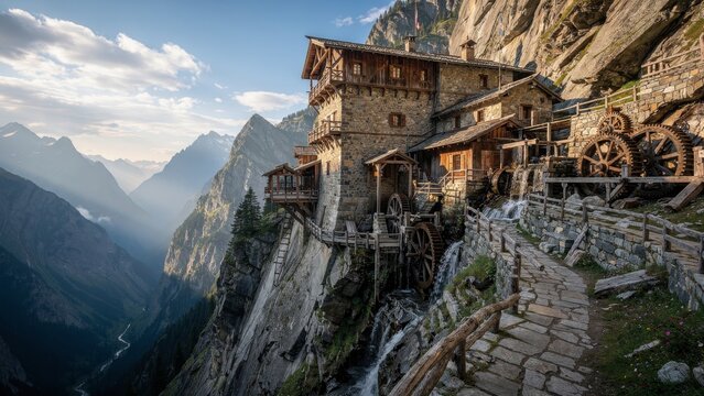Majestic mountain landscape vista featuring dramatic peaks, sky and alpine scenery