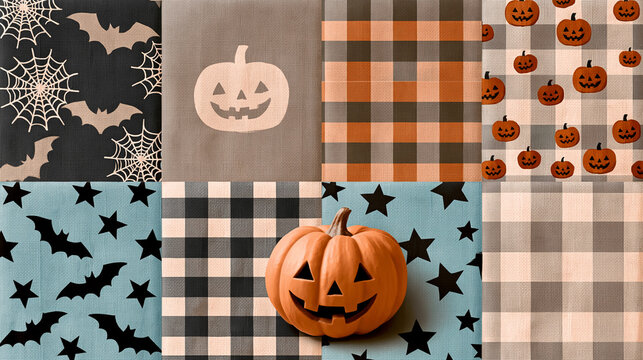 A seamless Halloween-themed patchwork pattern. The patterns on each square are different, such as a dark gray background decorated with white spiderwebs and light brown bats; a lig