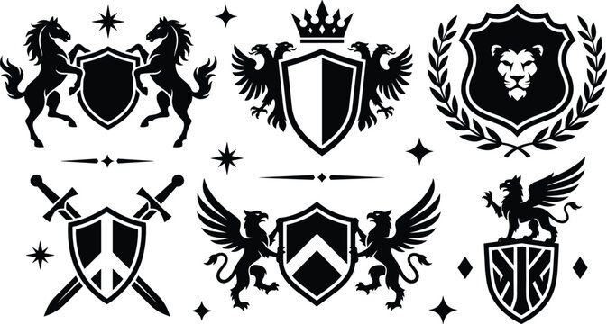 Medieval heraldic crests and coats of arms vector silhouette set featuring royal shields lions eagles griffins rearing horses crown and crossed swords for vintage emblem designs