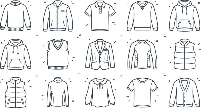 Men and women casual winter clothing line icon vector set featuring hoodie jacket sweater vest polo t-shirt blazer cardigan and pullover fashion apparel design templates