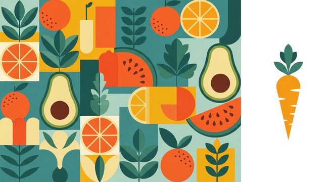 Abstract geometric pattern with vibrant fruit and leaf motifs, symbolizing healthy living, freshness, and natural ingredients, ideal for creative use.