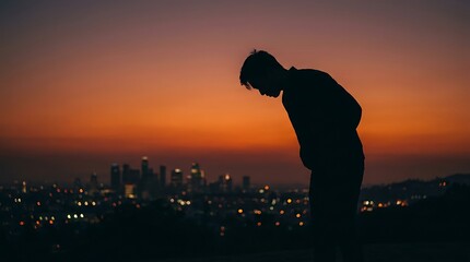 Fototapeta premium Silhouette of a man standing alone looking at the city skyline during a beautiful sunset.