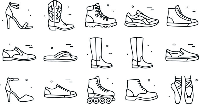 Men and women footwear shoes line icon vector set featuring sneakers boots high heels sandals roller skates and ballet flats for fashion ecommerce retail design elements