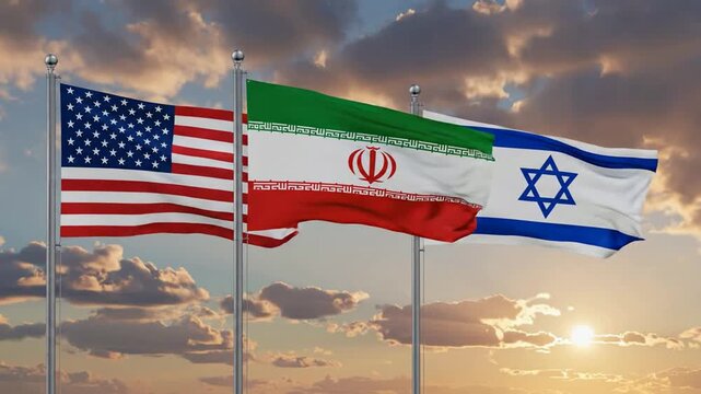 Usa, iran, and israel flags waving together against a dramatic sunset sky international diplomacy and geopolitical concept