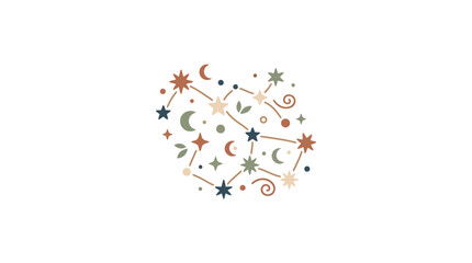 Celestial constellation arrangement with stars and crescent moon. © M