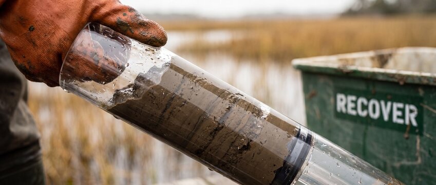 Soil core sample environmental research held by gloved hand in marsh. Scientist evaluating stratified sediment layers during field testing for ecology conservation, sustainability and nature recovery.