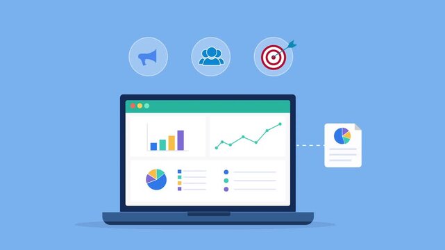 Modern flat vector animation featuring a business analytics dashboard with social media, audience engagement, and performance tracking icons. Ideal for digital marketing, reporting, growth monitoring,