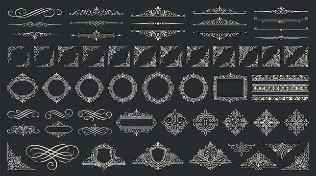Set of vintage calligraphic elements, flourishes, frames, corners and dividers for wedding invitations and greeting cards