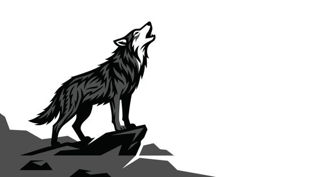 Illustration of wolf howling on rocky outcrop against white background