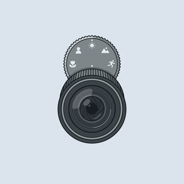 Minimalist graphic of a digital camera lens with setting dial