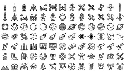 Black and White Space Science and Astronomy Icon Collection with Rockets Planets and Galactic Symbols © Romjan