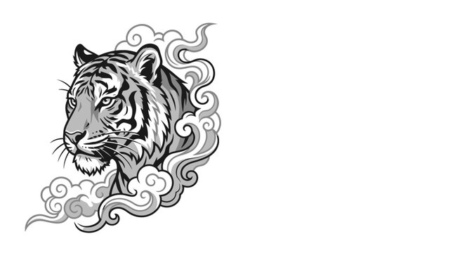 Majestic tiger head emerging from stylized smoke clouds