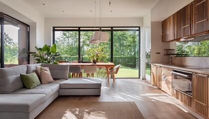 Fototapeta premium modern living room with open kitchen large windows and natural light space features cozy sofa wooden accents and view of green garden creating serene atmosphere