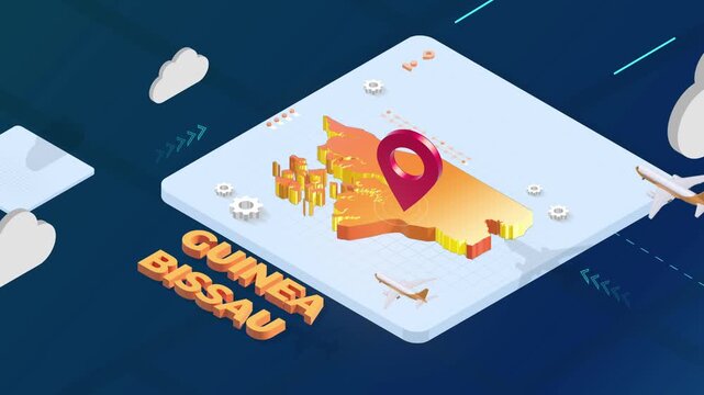 Isometric 3D Render of Guinea-Bissau Map with Red Location Pin Pointer and Floating Airplanes