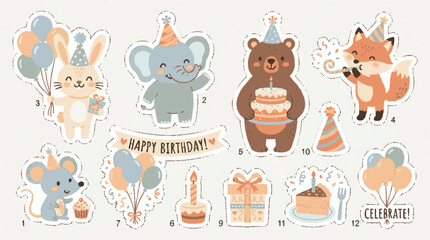 Fototapeta premium Cute animal birthday celebration sticker set with festive decorations