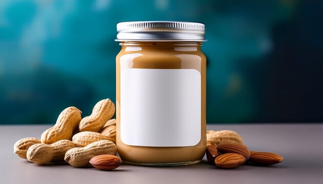 peanut almond nut butter jar mockup with blank label closeup