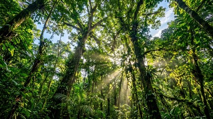 Fototapeta premium Lush tropical rainforest canopy with sunbeams, sun rays filtering through dense green jungle foliage, misty primeval forest landscape