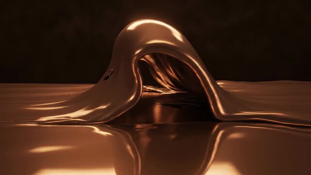 Copper bronze metallic fluid abstract loop, warm molten metal surface flowing with shifting reflective highlights, industrial luxury background, seamless warm metallic loop for tech premium brand vide