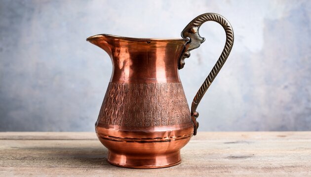 vintage antique copper pitcher with ornate handle and patina