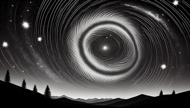 a black and white line drawing of the milky way focusing on its spiral structure with radiant star clusters